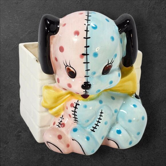 Vintage Napco K2222 Patchwork Puppy Planter Pink & Blue Ceramic Japan Transition - Picture 1 of 12